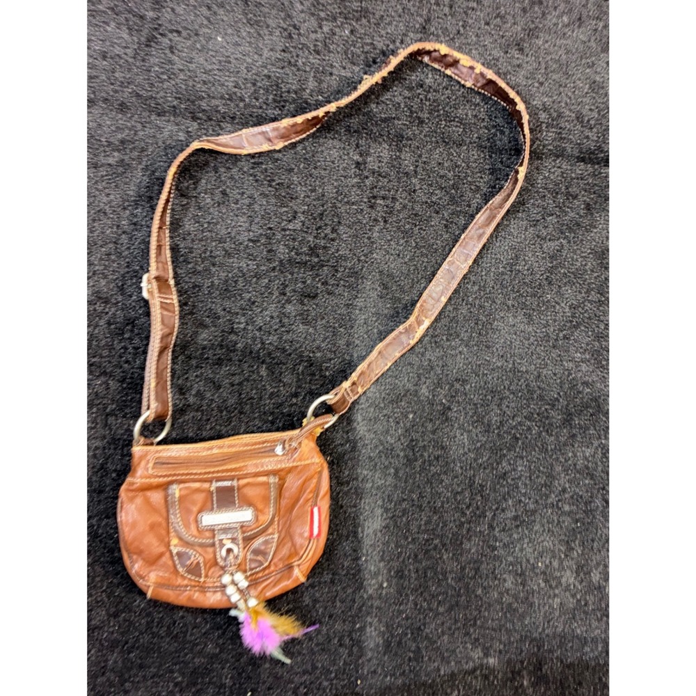 Unionbay Brown Faux Leather Crossbody Bag Y2K Boho Feather Bead Detail Small